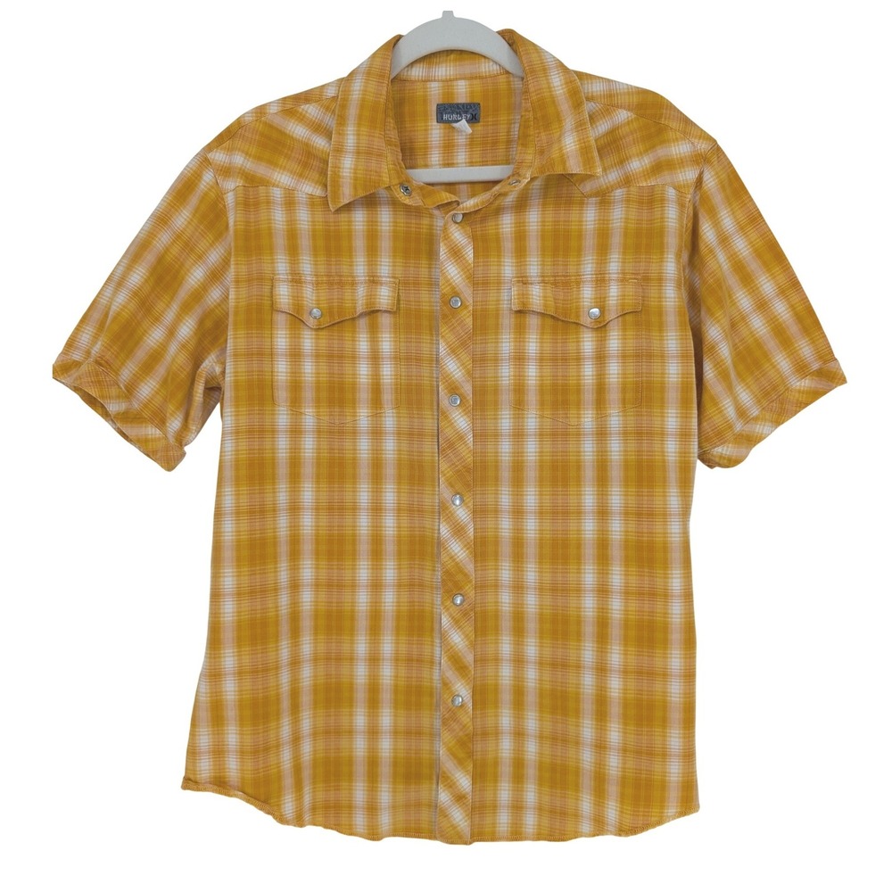 VTG Hurley Plaid Shirt Mens M Yellow Short Sleeve Pearl Snap 90s Y2K Skate Surf